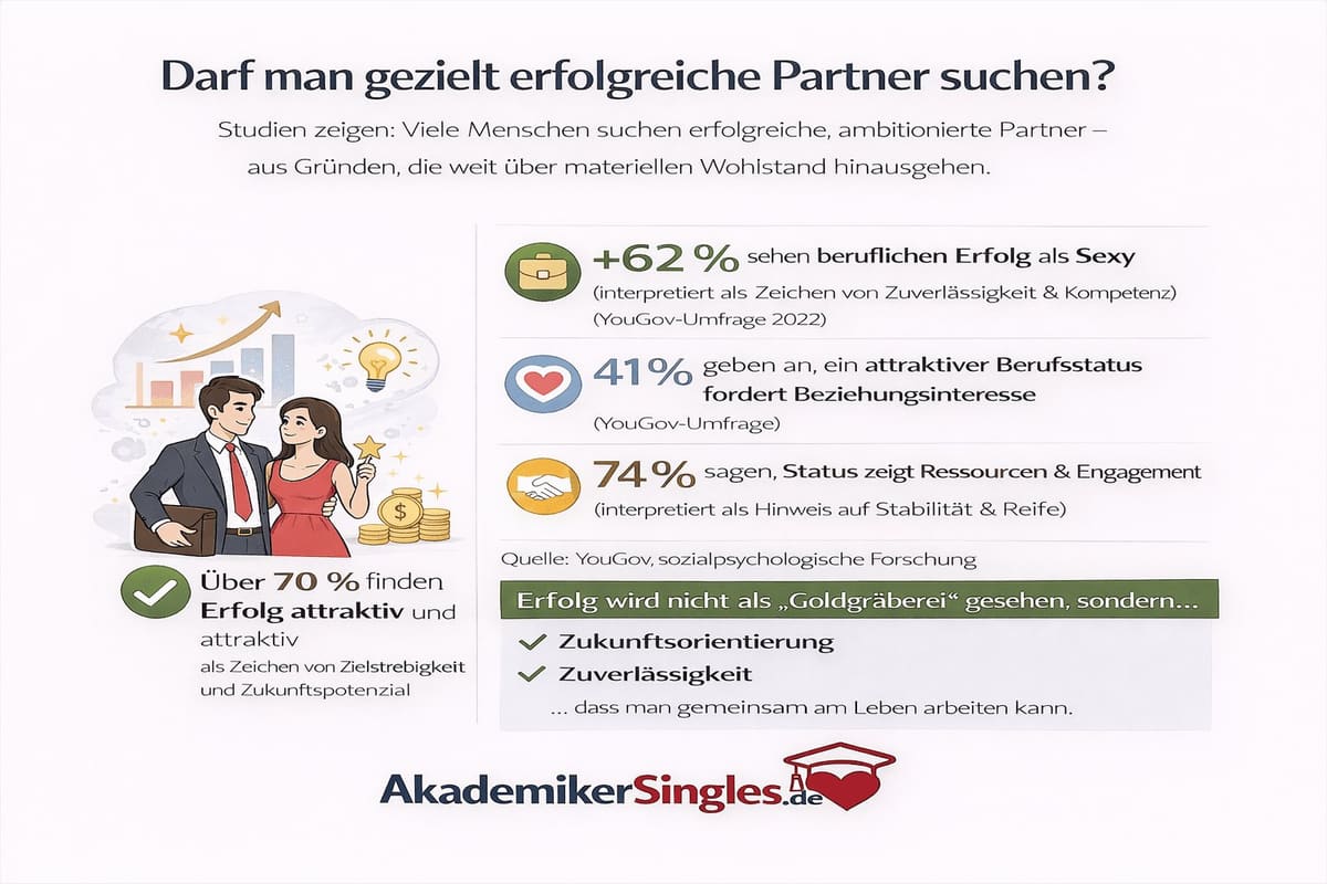 Infografik in Deutsch: Links ein Paar neben Diagrammen und Münzen; rechts drei statistische Punkte: +62% beruflicher Erfolg wird als sexy gesehen, 41% geben Beziehungsinteresse an, 74% sehen Ressourcen und Engagement; unten Quelle YouGov; Logo AkademikerSingles.de.