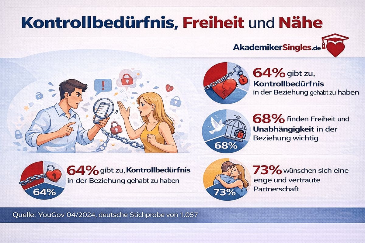 Infografik über Beziehungsbedürfnisse: Kontrolle, Freiheit und Nähe mit Diagrammen und Prozentzahlen (64%, 68%, 73%)