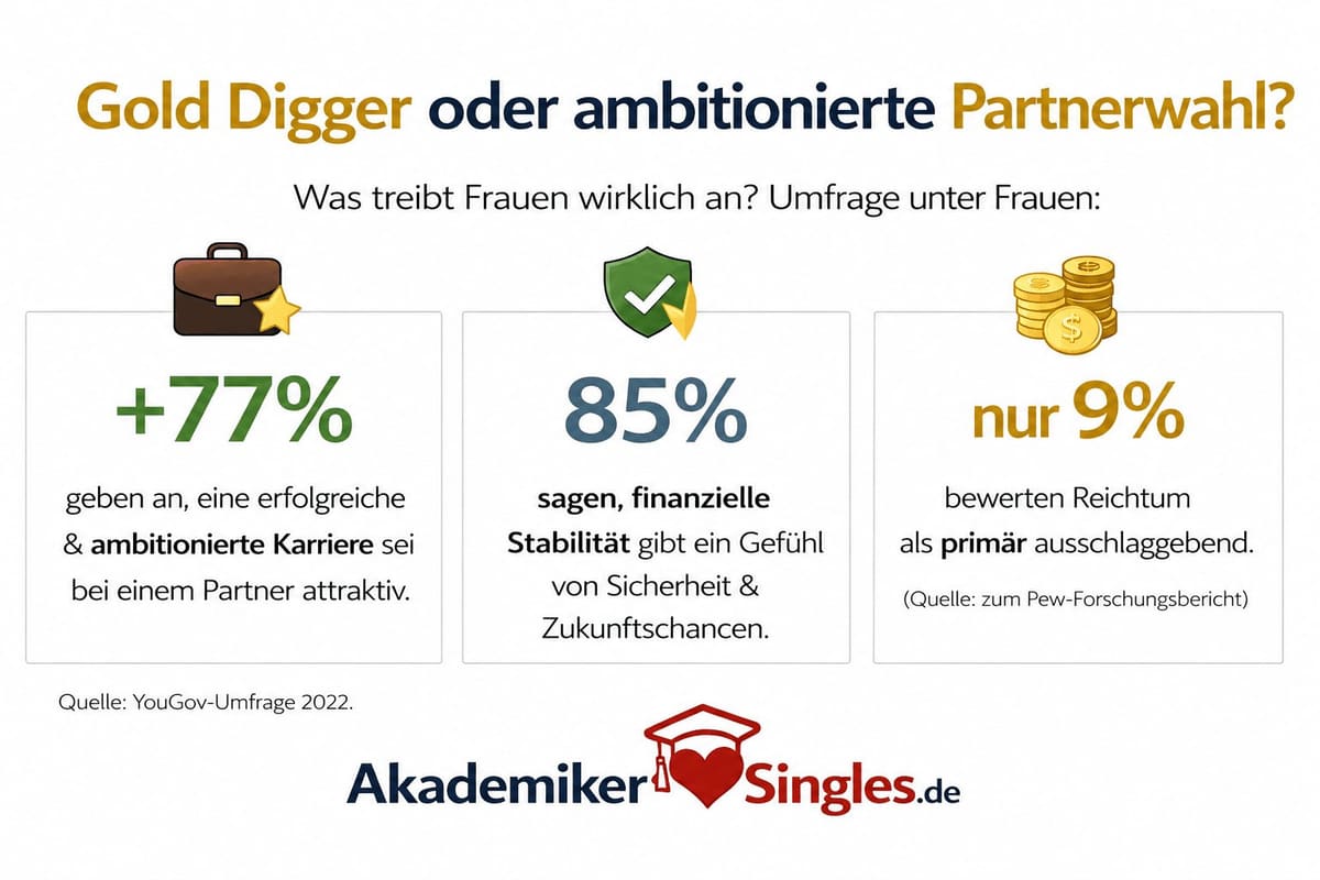 Infografik: Frauenbefragung zur Partnerwahl – 77% priorisieren Karriere, 85% finanzielle Stabilität, 9% Reichtum als primäres Kriterium (Quelle YouGov 2022).