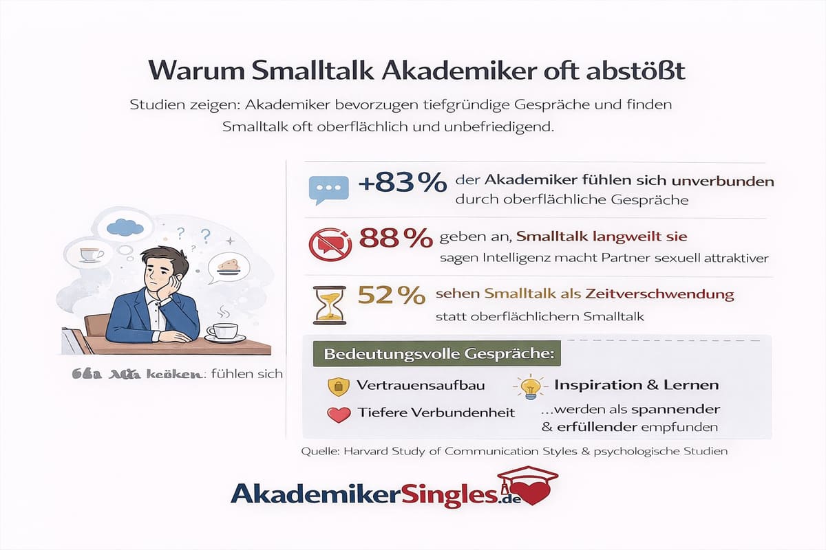 Infografik über Smalltalk: Studie zeigt Gründe, warum Akademiker oft oberflächlich Smalltalk vermeiden und welche Vorteile tiefer Gespräche bringen können (mit Diagrammen und Statistiken).