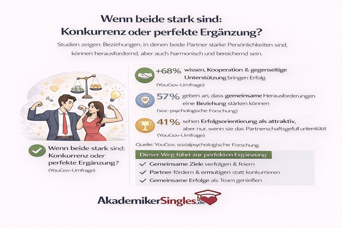 Infografik: Paar zeigt Stärke in Beziehung; Titel ‚Wenn beide stark sind: Konkurrenz oder perfekte Ergänzung?‘ mit Umfrage-Ergebnissen rechts und Illustration links.