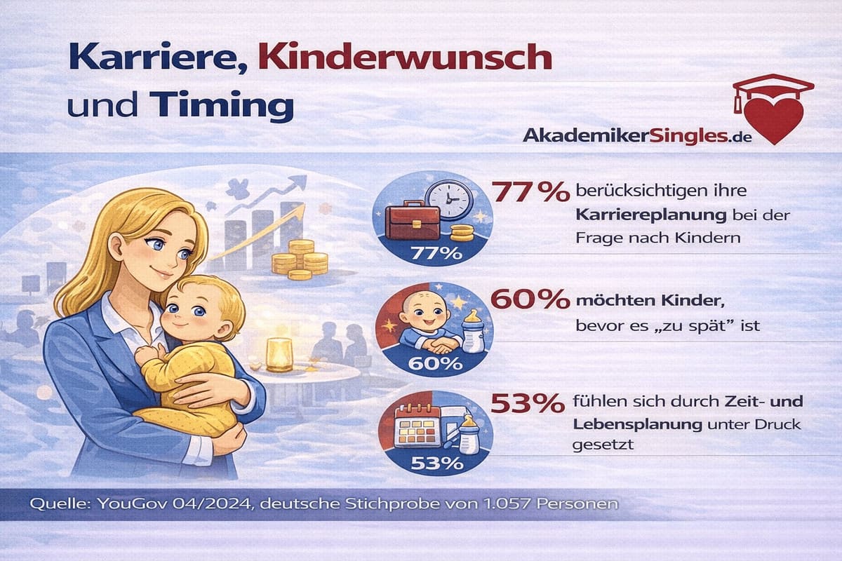 Poster: Frau mit Baby; Titel 'Karriere, Kinderwunsch und Timing' mit AkademikerSingles.de-Logo; Statistiken zu Karriereplanung, Timing und Druck (77%, 60%, 53%); Quelle YouGov.
