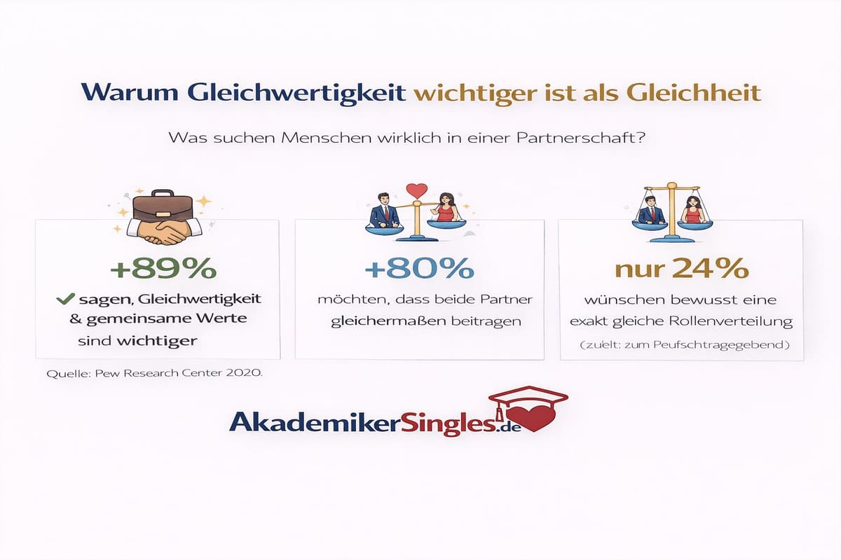 Infographic with three panels showing partnership statistics: 89% say equality and shared values are important, 80% want both partners to contribute equally, and 24% wish for equal division of roles; source Pew 2020; AkademikerSingles branding at bottom.