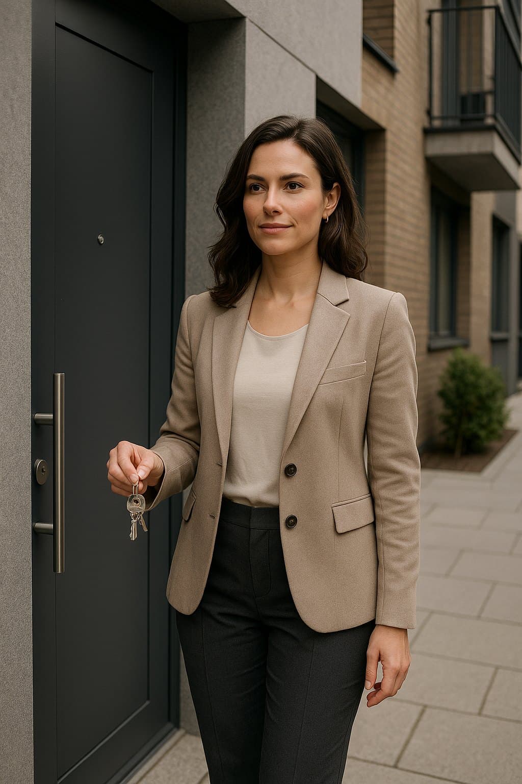 Professional woman in a beige blazer and black pants stands outside a building, holding a set of keys near a dark entry door.