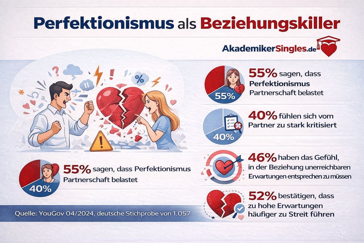 Infographic about perfectionism harming relationships: 55% say it burdens partnerships, with pie charts and a broken heart image on the left and a couple arguing on the right. Source: YouGov 04/2024 (German sample).